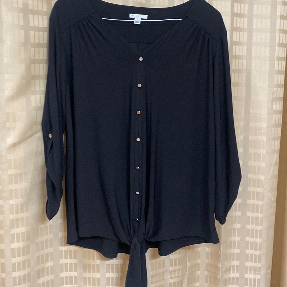 Black dressy blouse with silver buttons ties in front Brand Est 1946